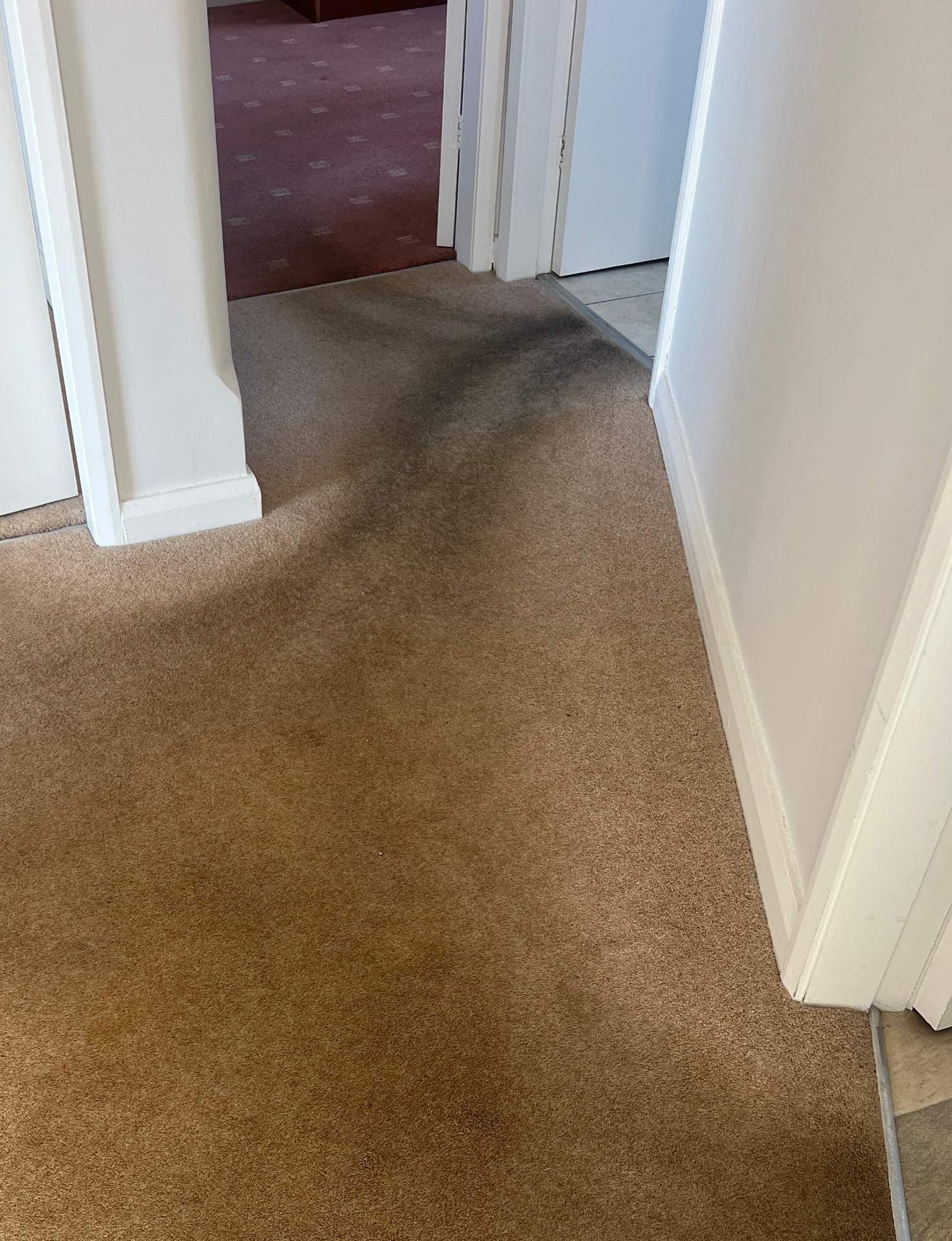 Worn doorway carpet refreshed in Stafford, before professional cleaning